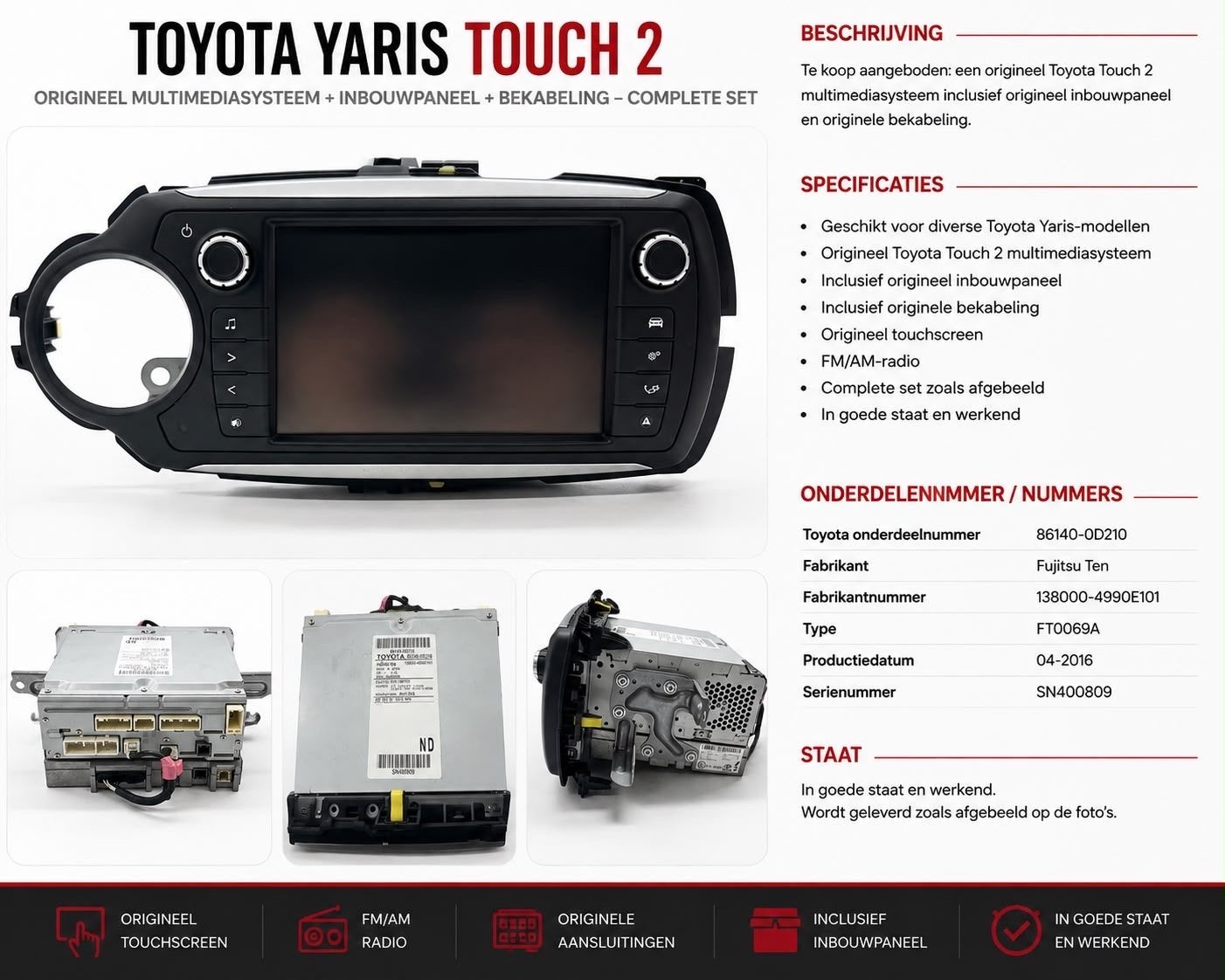 Toyota Yaris Touch 2 Multimediasysteem + Paneel + Bekabeling, Ophalen of Verzenden, Gebruikt