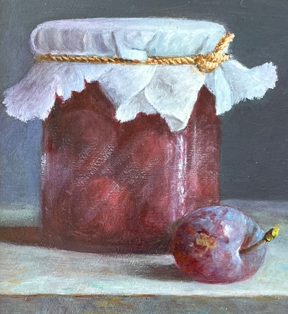 Schilderij pruimen in een weckpot. Hans Habraken., Ingelijst, Paneel, Realistisch, Stilleven
