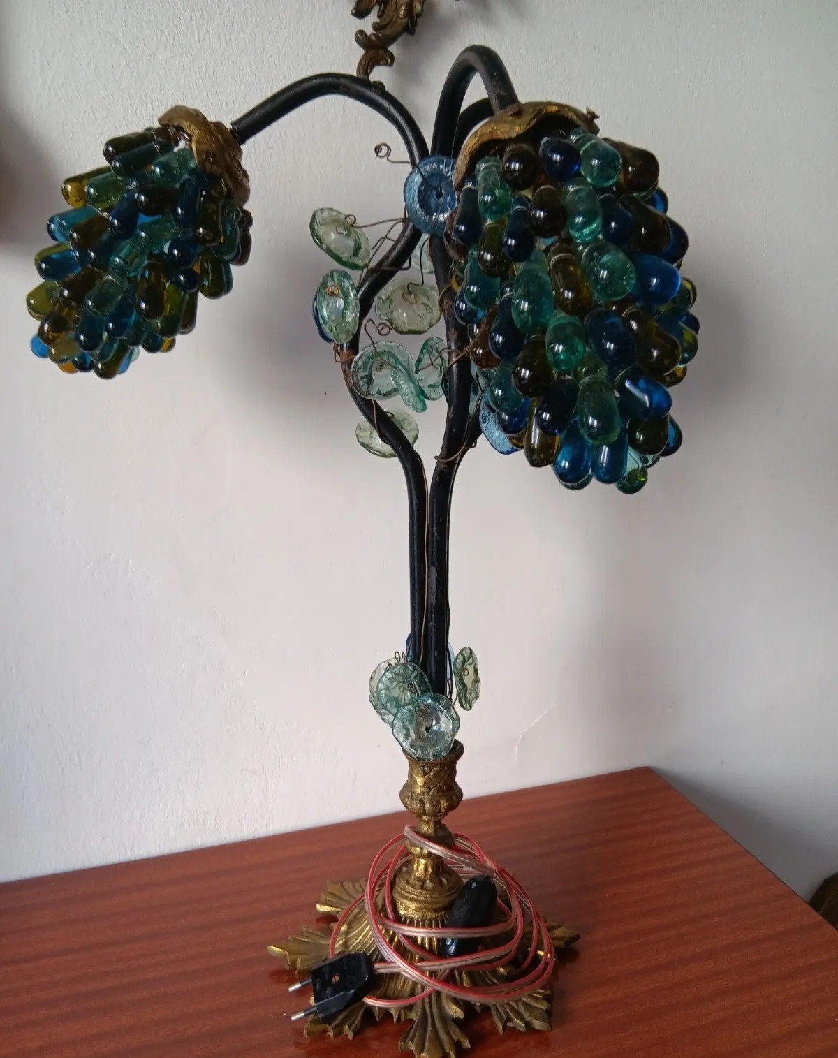 Vintage Druiventroslamp - Muranoglas & Bronzen Voet Italië, Ophalen of Verzenden