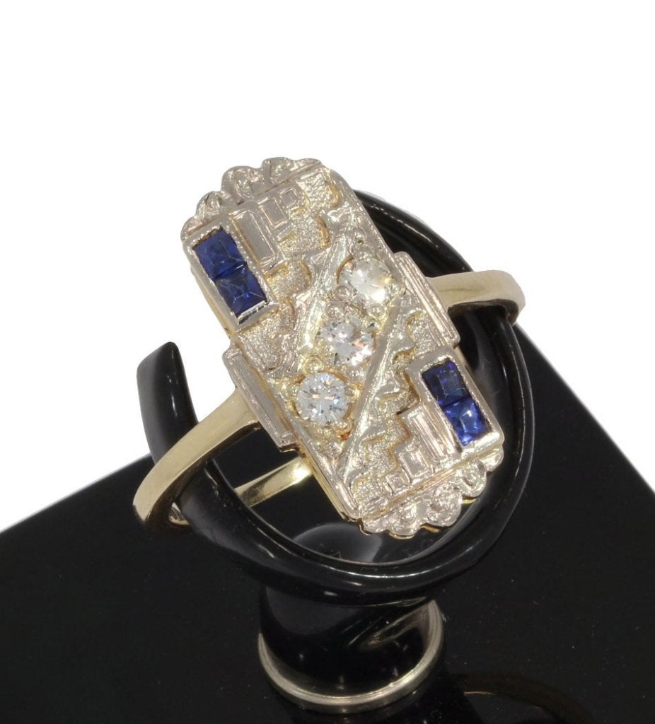Art Deco diamant saffier exclusieve ring 14k goud dames luxe
