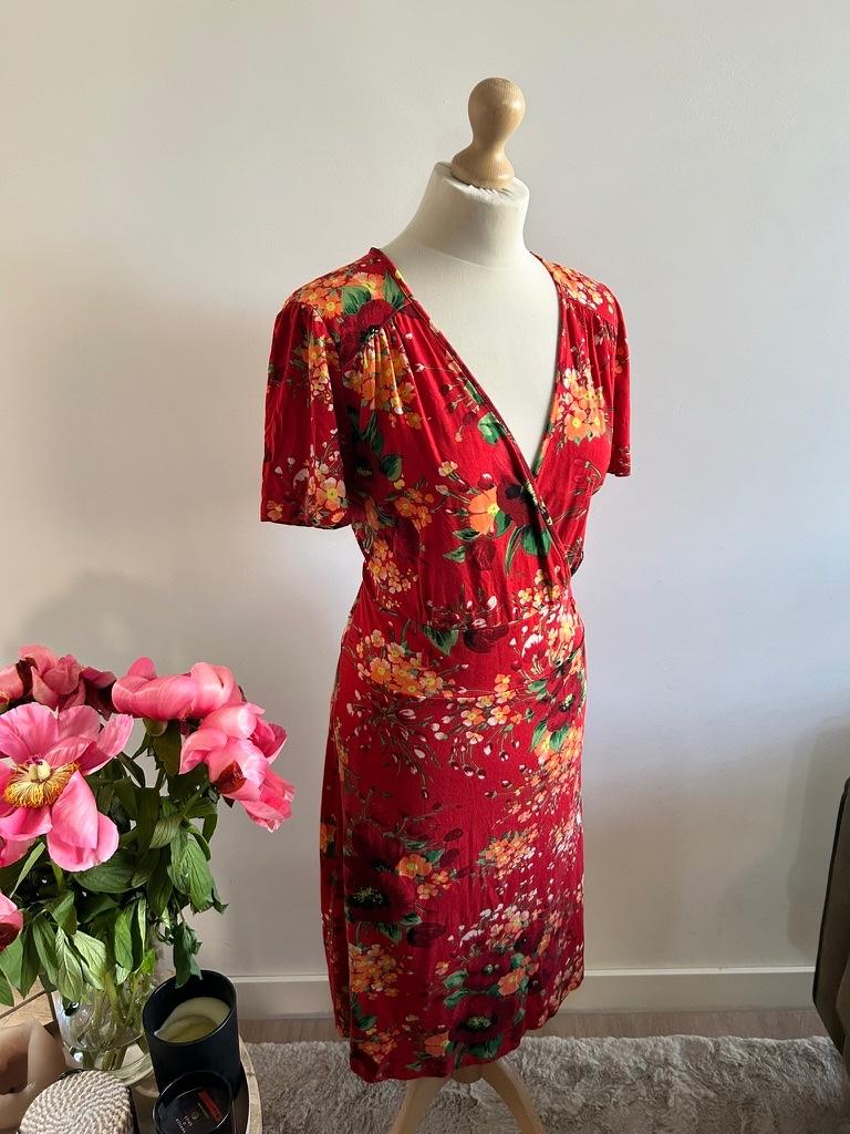 King Louie maat XXL cross rode bloemen jurk 3261, Maat 46/48 (XL) of groter, Ophalen of Verzenden, Zo goed als nieuw, Knielengte