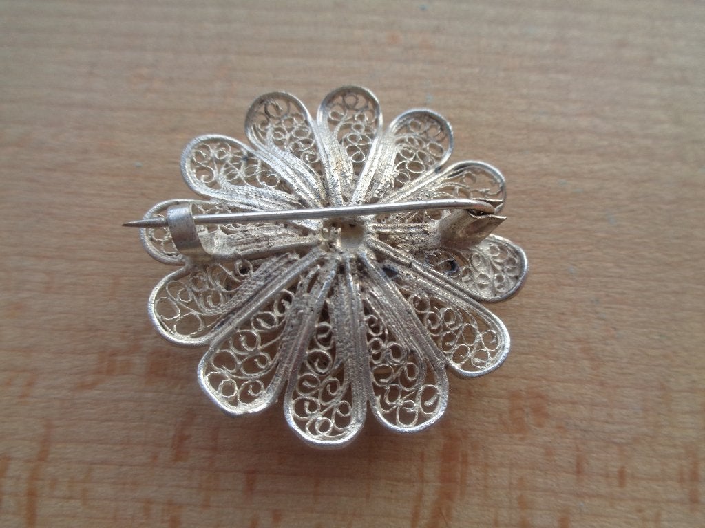 zilveren filigrain bloem broche [954], 4 tot 7 cm, Verzenden, Zo goed als nieuw, Zilver