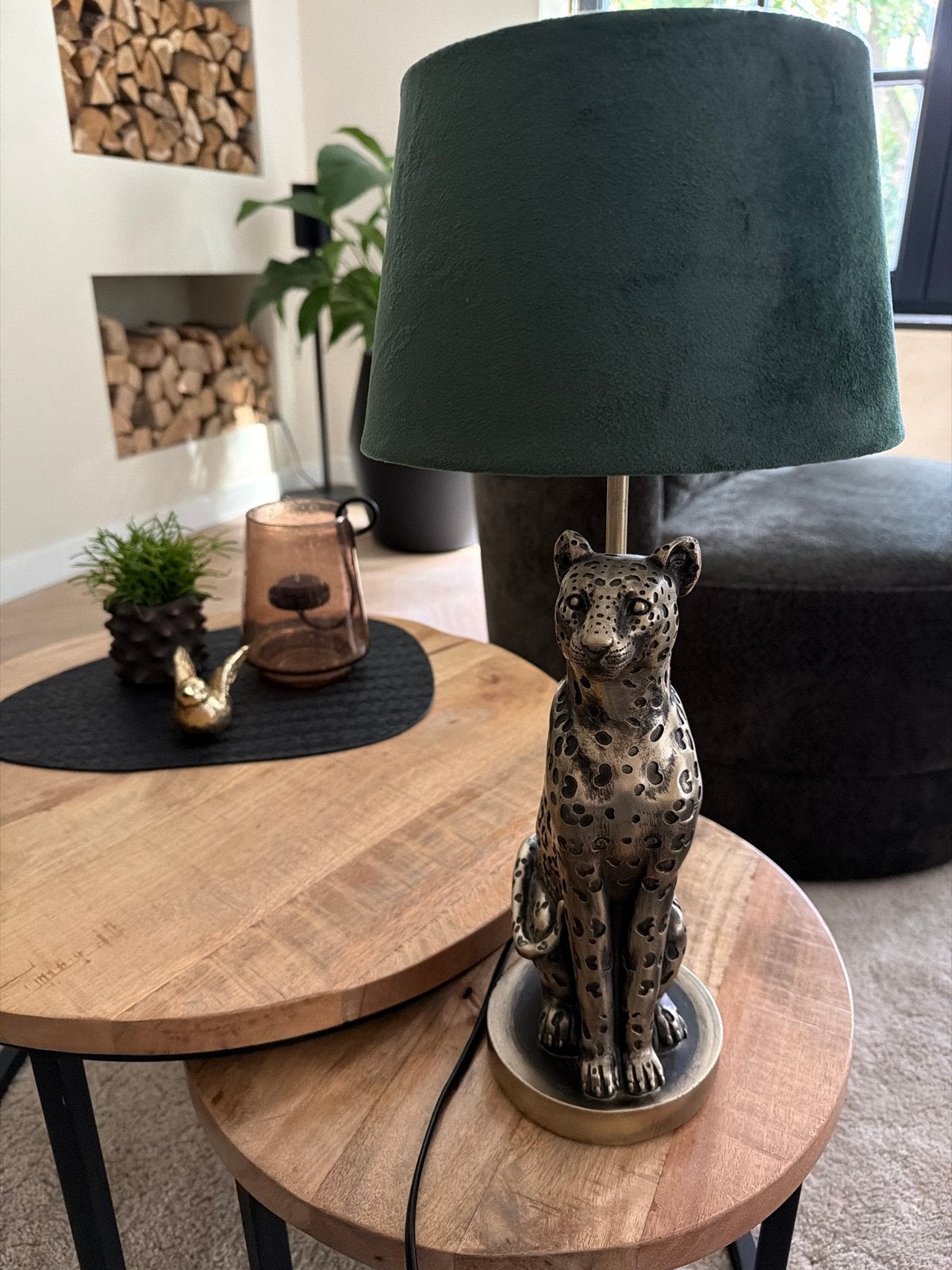 Tafellamp luipaard met groene kap, Figuurlamp, Groen, Ophalen of Verzenden, Zo goed als nieuw