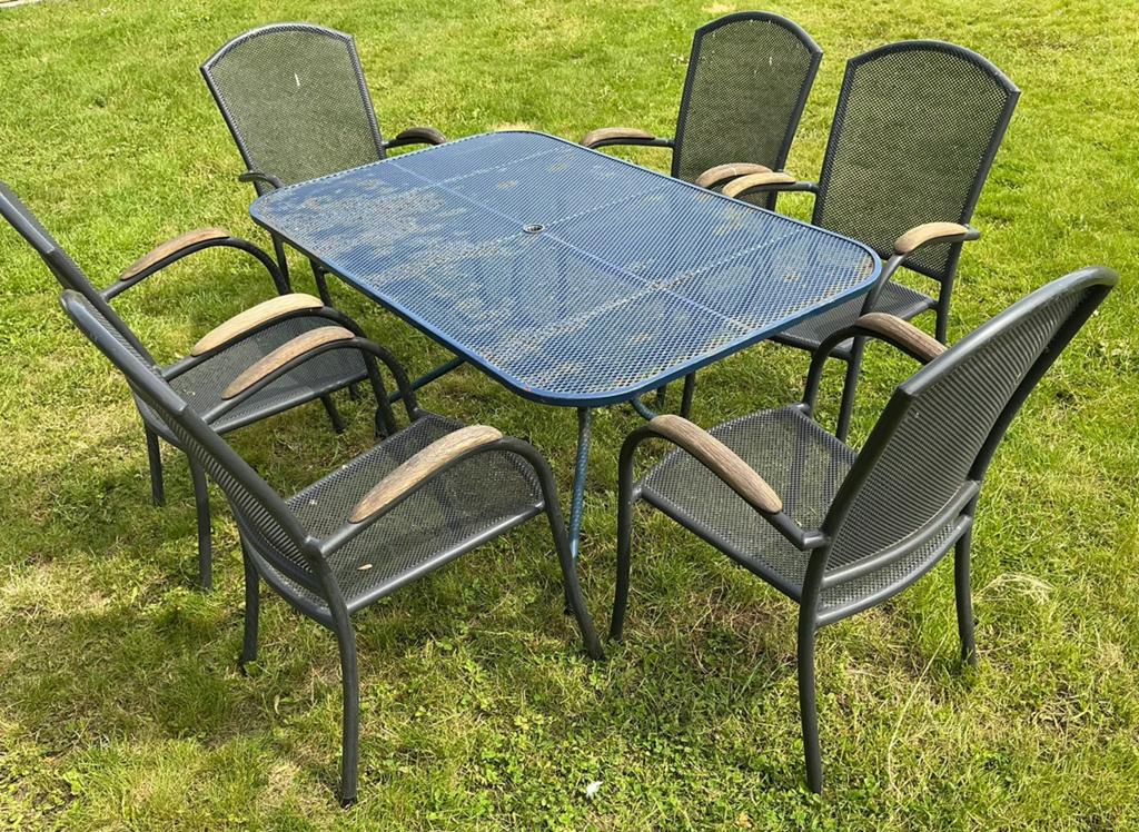 Tuinset tafel en 6 stoelen gecoat metaal, Tuin en Terras, Tuinsets en Loungesets, Ophalen, Gebruikt, Overige materialen, 6 zitplaatsen