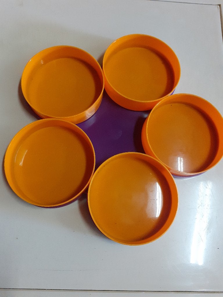 jaren 70 design snack schaal paars oranje kunststof retro, Kunststof, Gebruikt, Schaal, ?