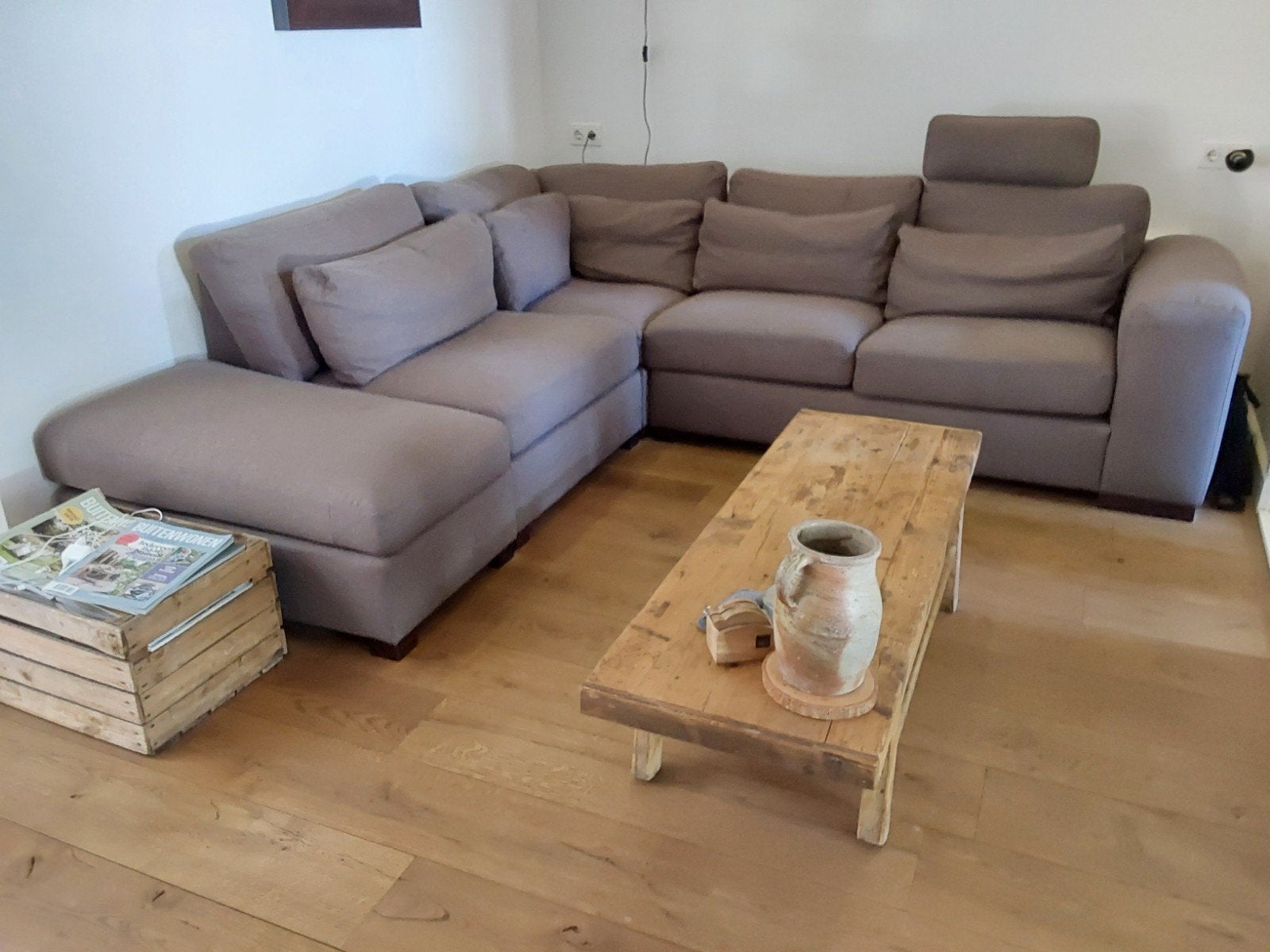 Grote hoekbank met chaise longue - Bruin-gemeleerd, Ophalen, 250 tot 300 cm, Gebruikt, Hoekbank
