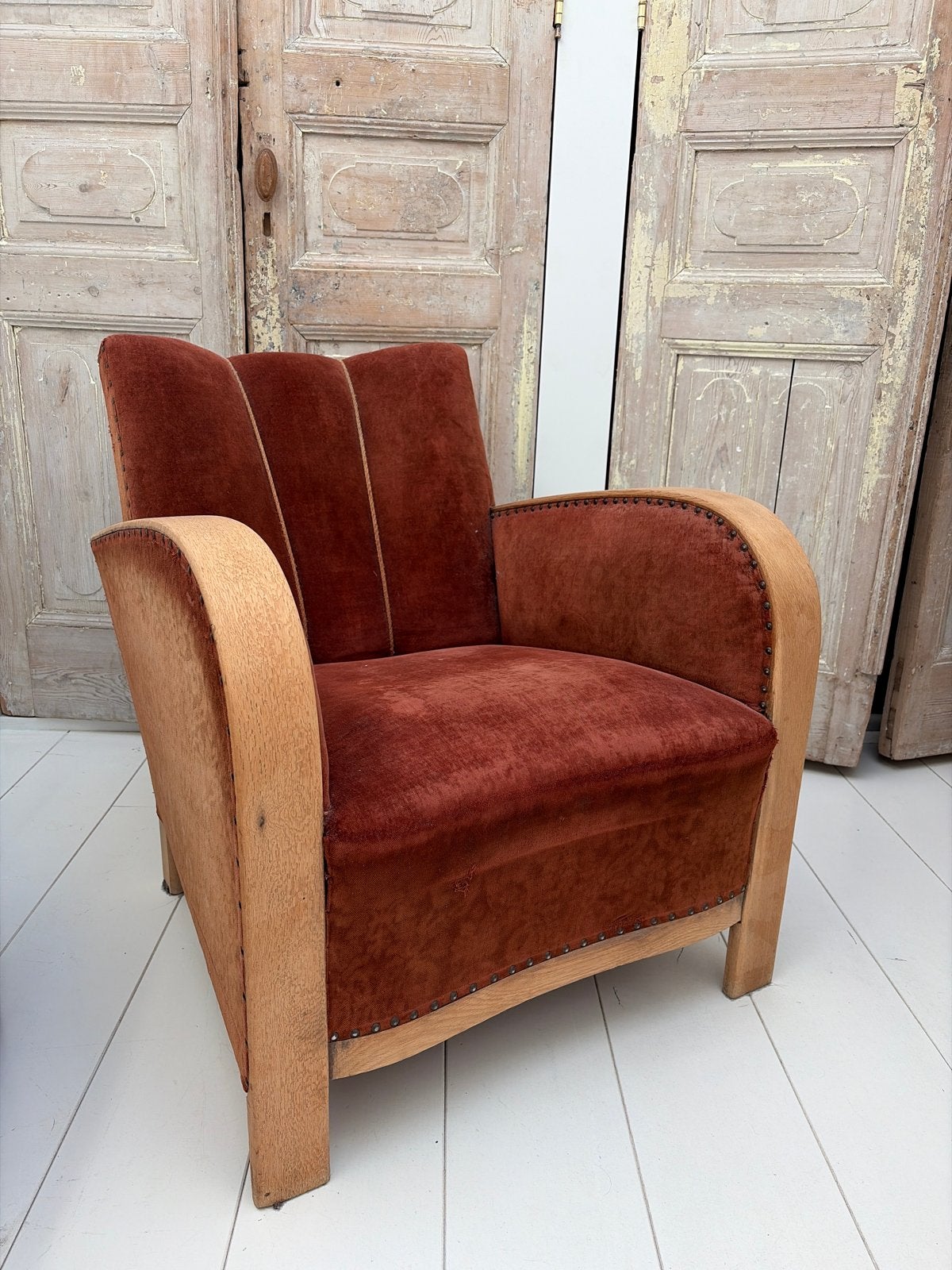 Vintage Art Deco fauteuil - Oranje velours, Antiek en Kunst, Ophalen of Verzenden