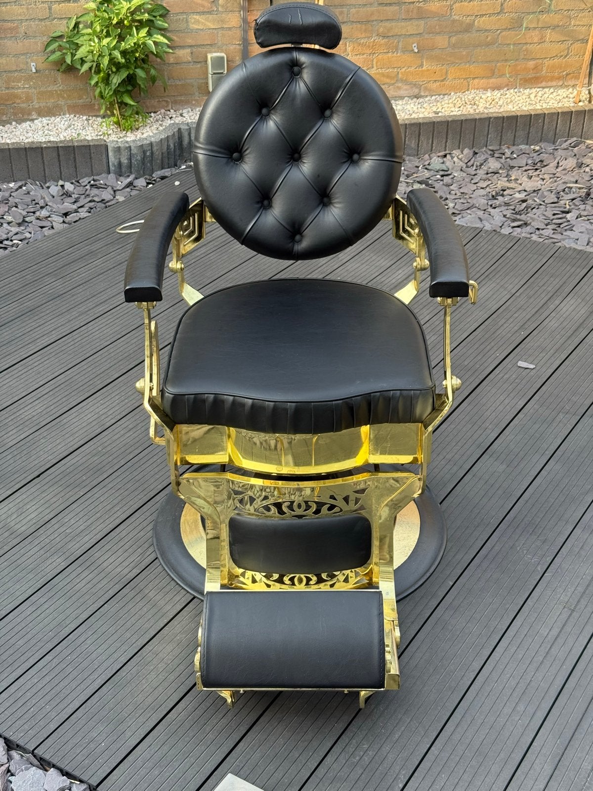 Luxe kappersstoel barbierstoel zwart met goud - Vintagestijl, Huis en Inrichting, Stoelen, Ophalen, Gebruikt, Zwart, Leer
