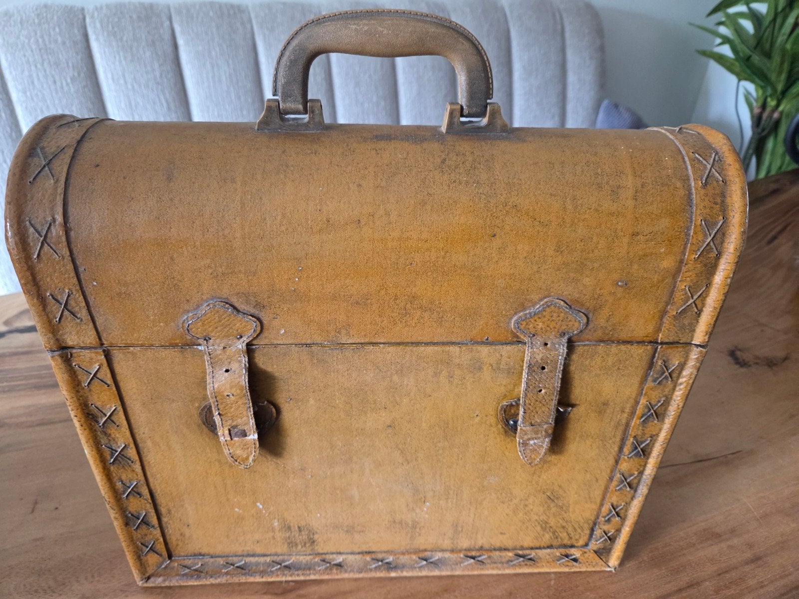 Vintage houten wijnkoffer met lederen details, Ophalen of Verzenden