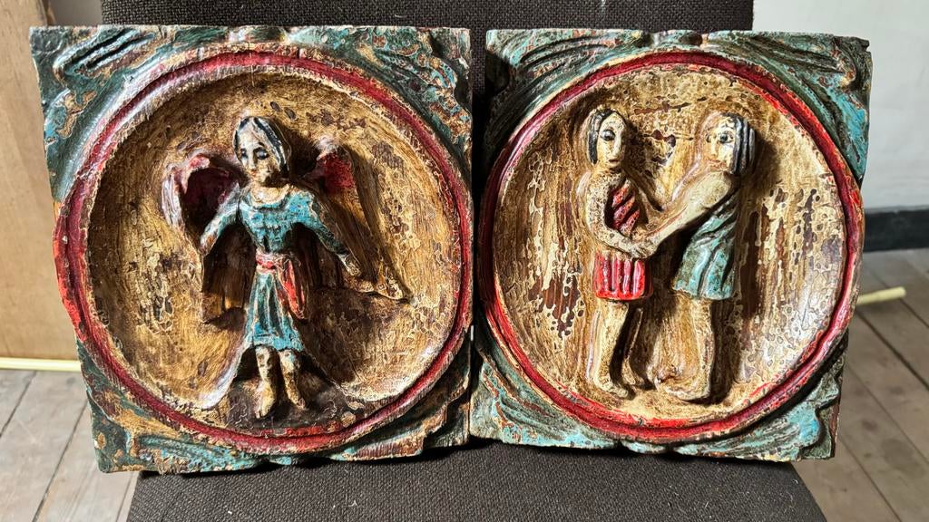 Houten plaquettes Tweelingen sterrenbeeld, Antiek en Kunst, Ophalen, 20 - 50 cm, Hout, Beschilderd