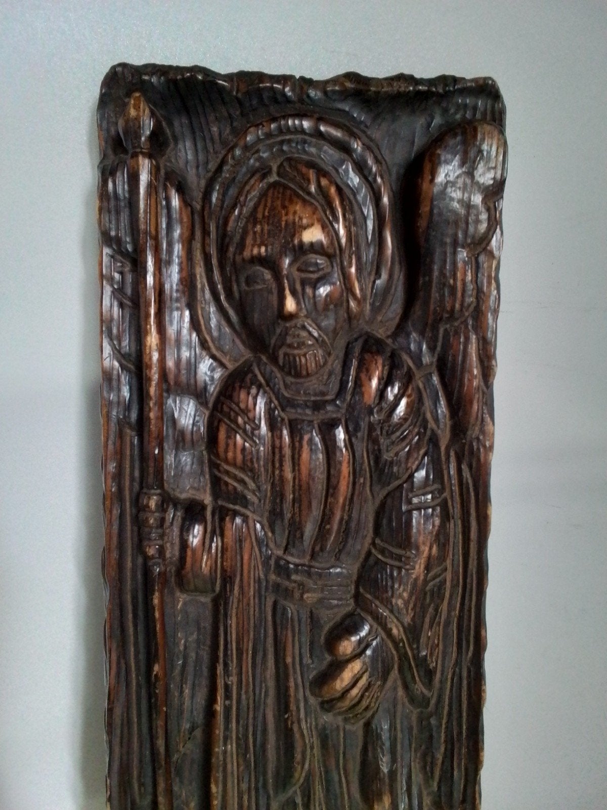 9992) mooi groot houten paneel aansteker engel Michael en dr, Antiek en Kunst, Ophalen of Verzenden