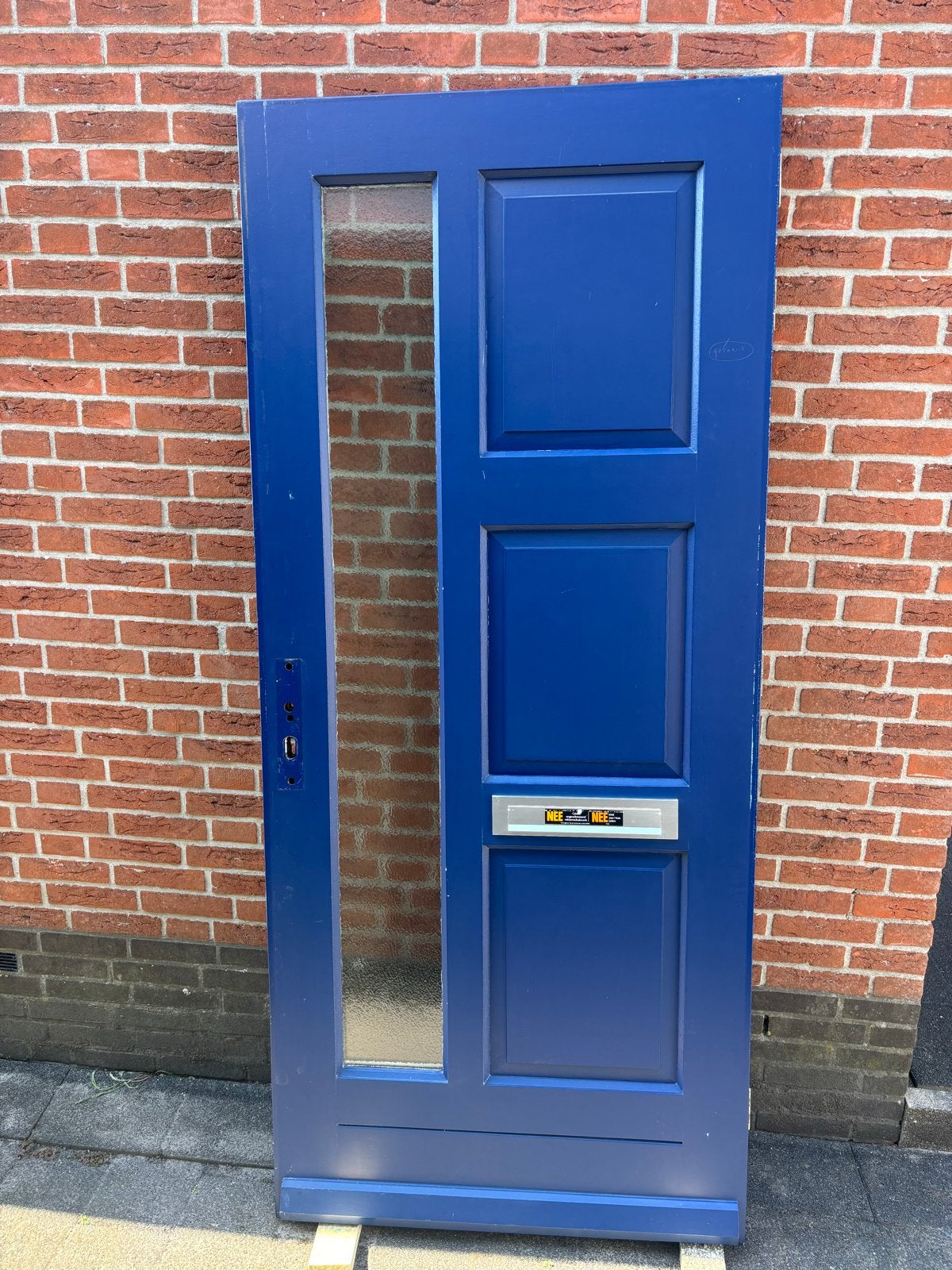 Buitendeur met glas en panelen - Blauw/Wit, Ophalen, Gebruikt, 80 tot 100 cm, 215 cm of meer