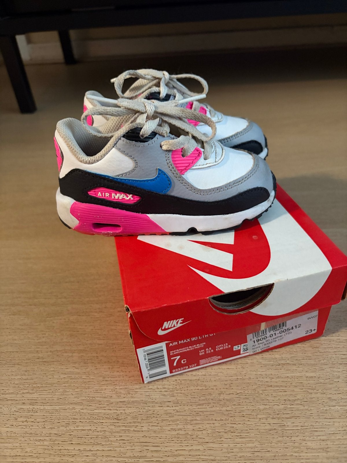 Nike Air Max 90 LTR (TD) - Wit/Roze/Blauw - Maat 23.5, Ophalen of Verzenden, Zo goed als nieuw, Jongen of Meisje, Sportschoenen