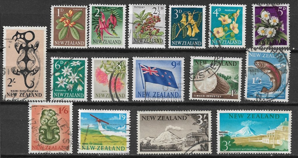 New Zealand 1960 Def serie bloemen vlag landschappen vulkaan, Ophalen of Verzenden, Gestempeld