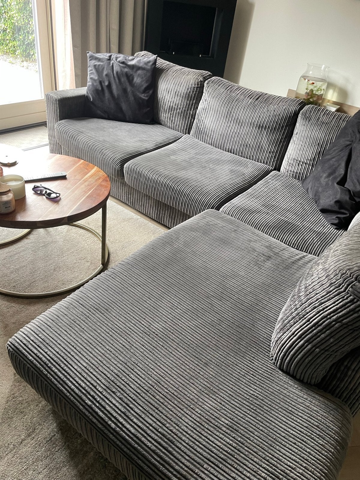 Hoekbank ribstof grijs 2.70x2.30m, Huis en Inrichting, Banken | Bankstellen, Ophalen, 250 tot 300 cm, Gebruikt, Hoekbank
