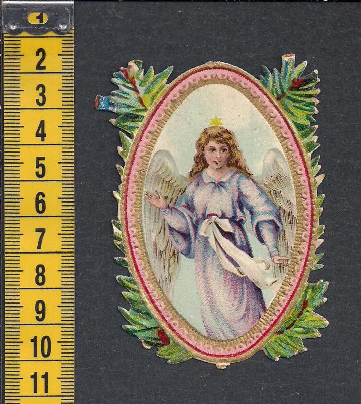Kerst Zweefengel lila met goud antiek poezieplaatje (575), Verzamelen, Poesieplaatjes, Ophalen of Verzenden