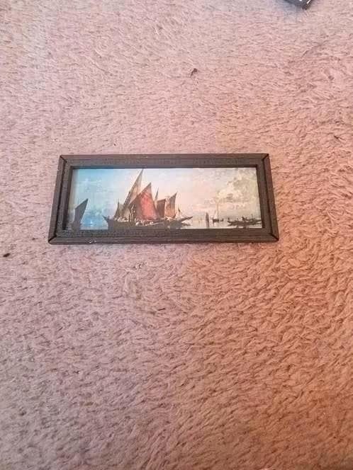 Miniatuur Schilderij Poppenhuis - Zeegezicht met Schepen, Ophalen of Verzenden, Gebruikt