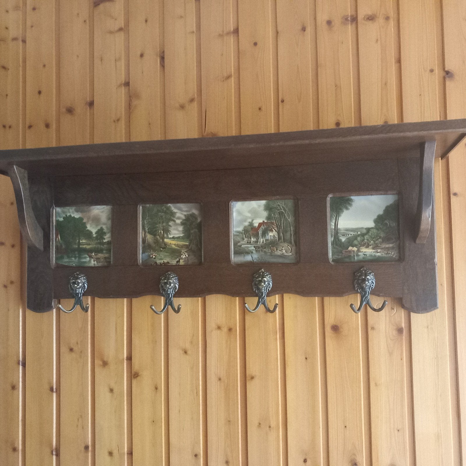 Antieke wandkapstok met landschapsschilderijen, Gebruikt, Minder dan 100 cm, Hout, Ophalen