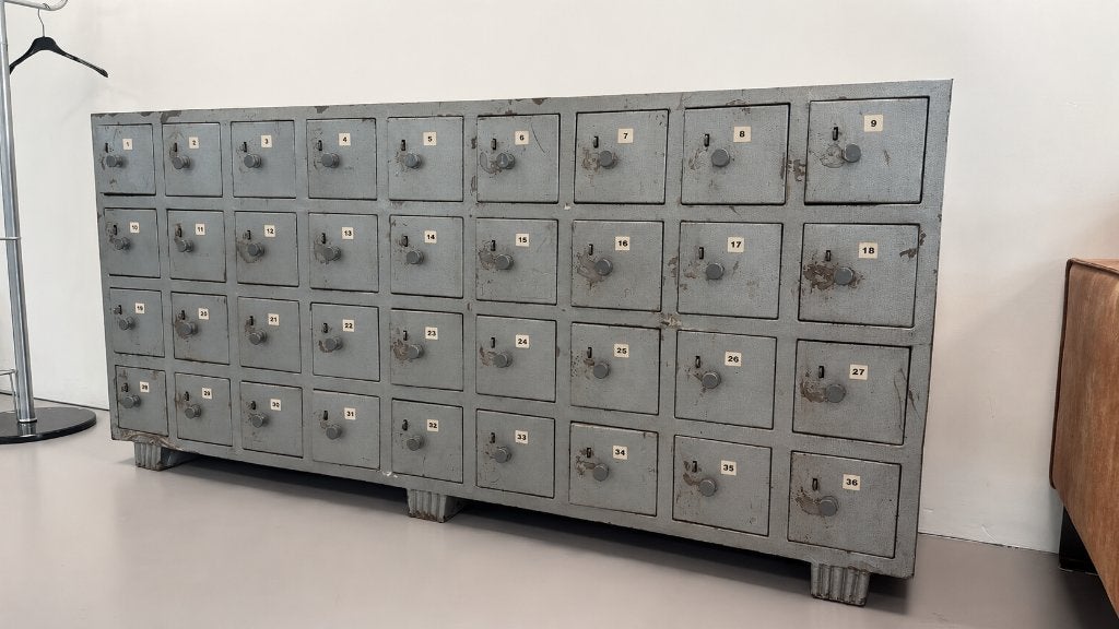 Vintage industriële ladenkast 36 vakken, Huis en Inrichting, Kasten | Lockerkasten, Ophalen, Gebruikt, Industriële ladenkast, vintage ladenkast, metalen kast, fabriek