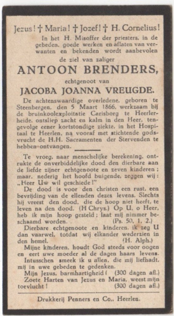 Antoon Brenders 1866 Steenbergen + 1919 Heerlen, 53 jaar oud, Verzamelen, Verzenden