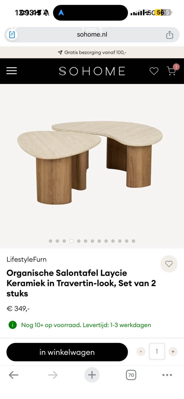 Organische salontafel travertin look, Ophalen, 100 tot 150 cm, 50 tot 100 cm, Zo goed als nieuw