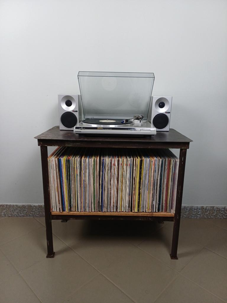 Vintage audiomeubel platenkast UNIEK industrieel staal hout, Ophalen, Gebruikt