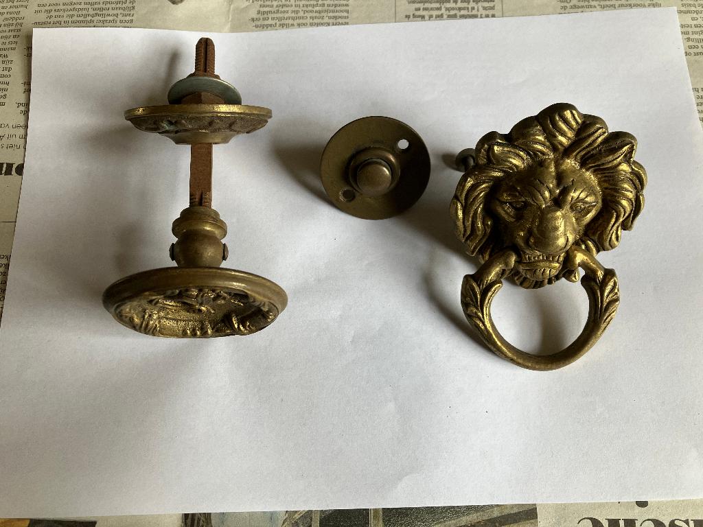 antiek koper messing knop klopper en deurbel, Antiek en Kunst, Ophalen of Verzenden
