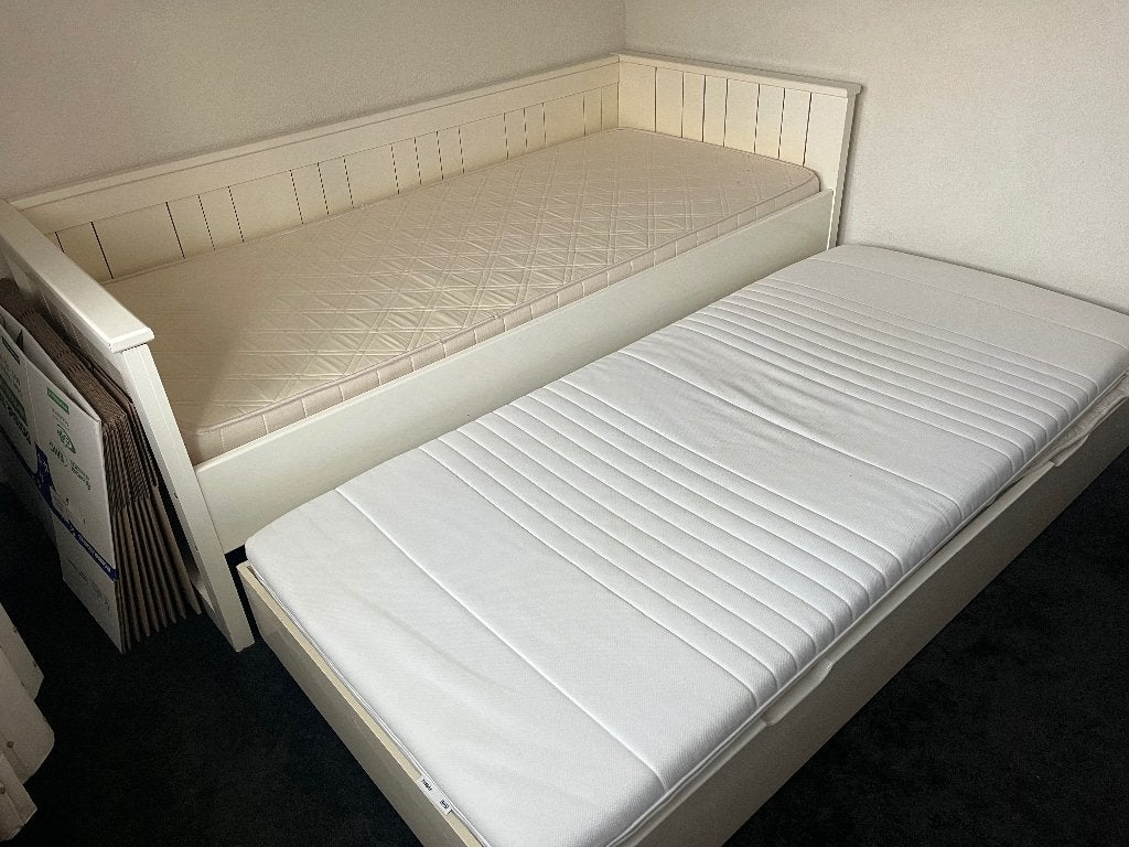 1 persoons bed met lade voor tweede bed, Ophalen, 90 cm, Eenpersoons, Wit