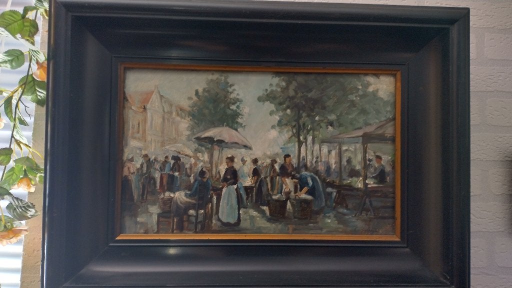 schilderij marktgezicht met houten lijst, Ophalen of Verzenden