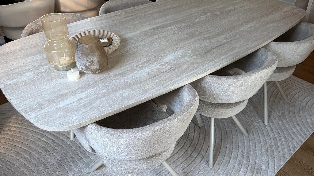 Nieuwe Deens ovale  eettafel met melamine marmeren blad., 50 tot 100 cm, Vijf personen of meer, Rechthoekig, Ophalen