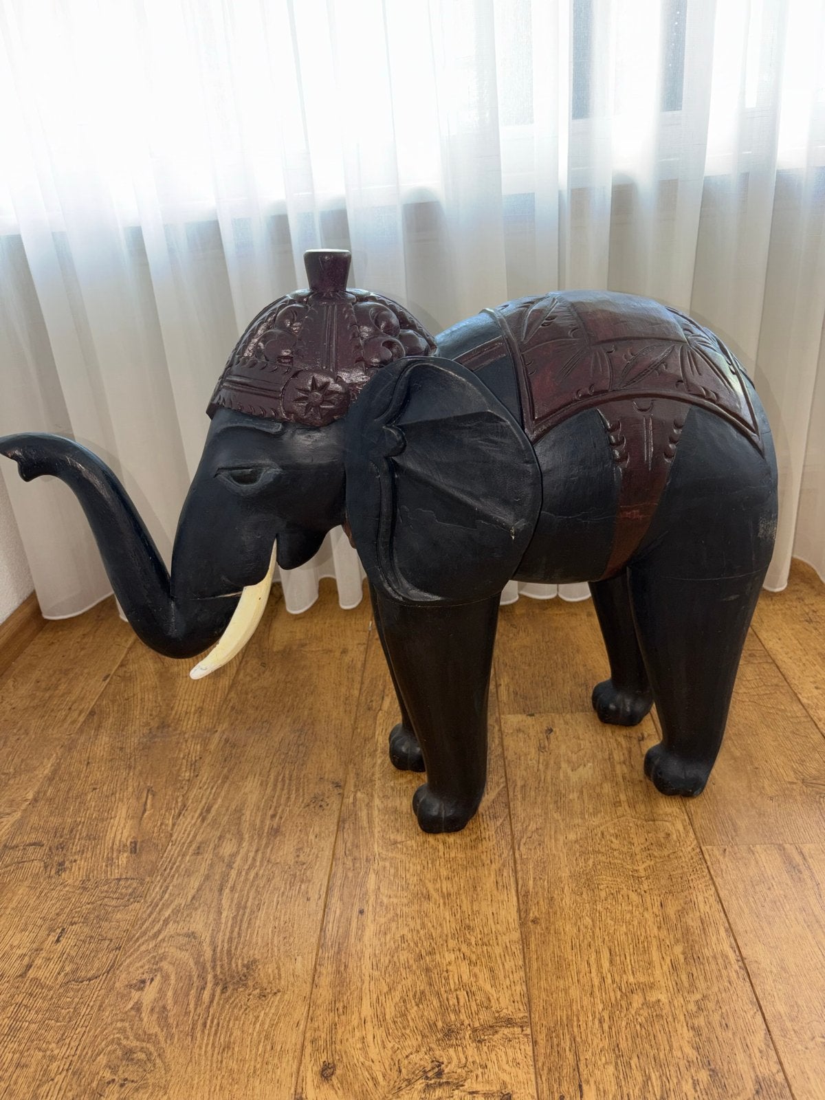 Decoratieve houten/leer olifant - Handgesneden, Antiek en Kunst, Ophalen
