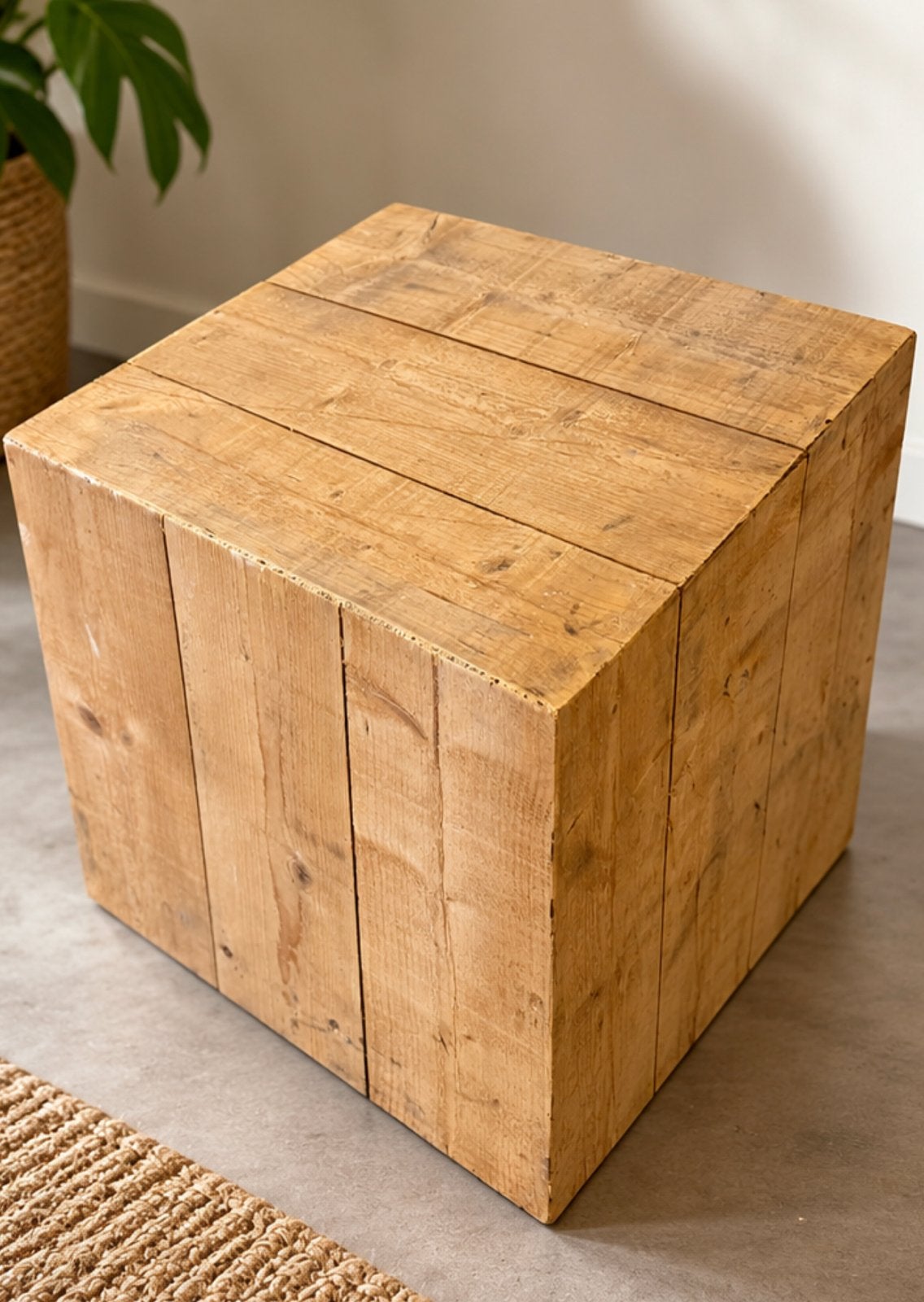 Robuuste houten kubus – bijzettafel / presentatieblok, Huis en Inrichting, Gebruikt, Vierkant, 55 tot 75 cm, Hout