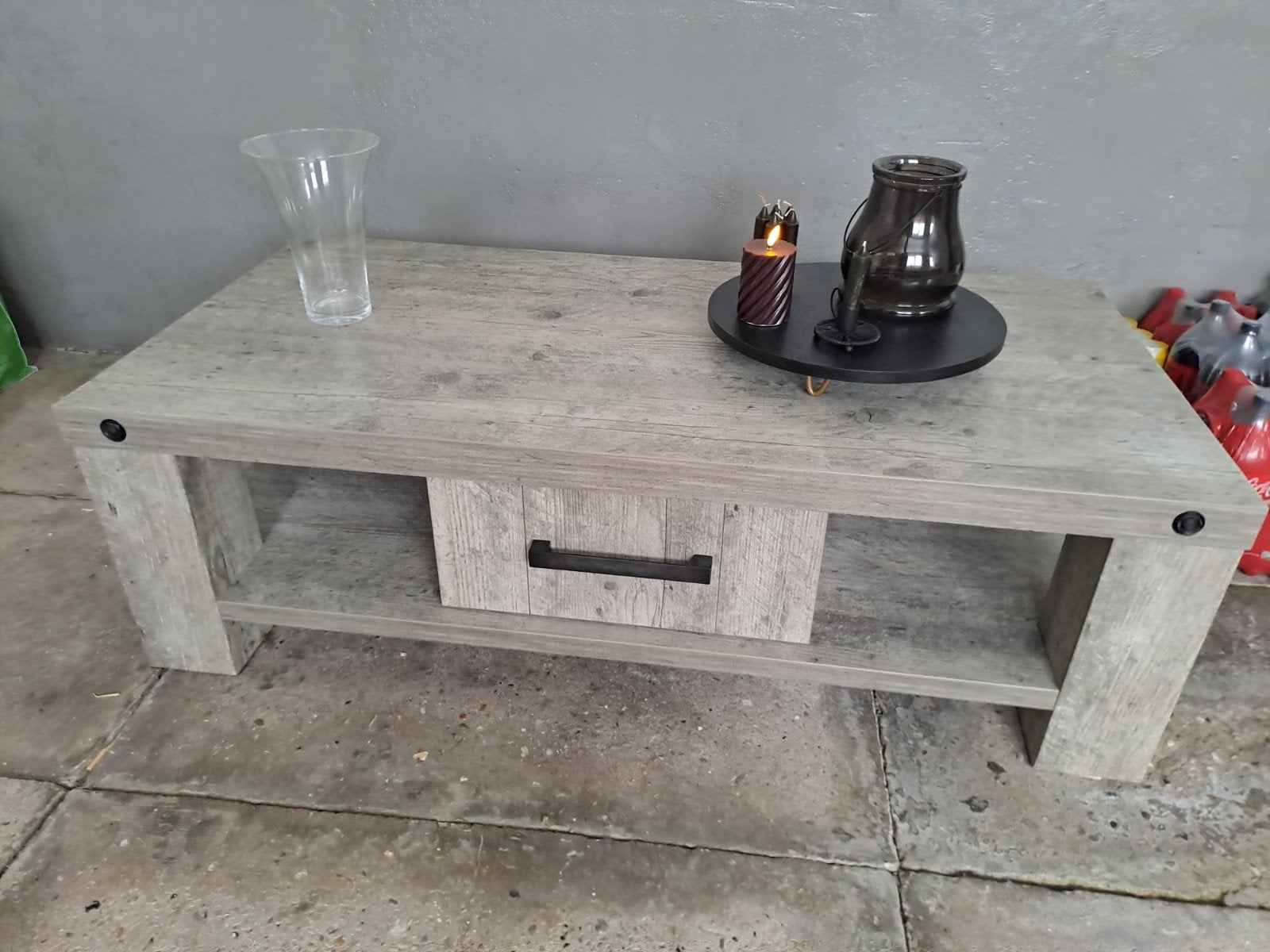 Salontafel met lade - Grijs houtlook, Huis en Inrichting, Ophalen, 50 – 75, Gebruikt, 100 tot 150 cm