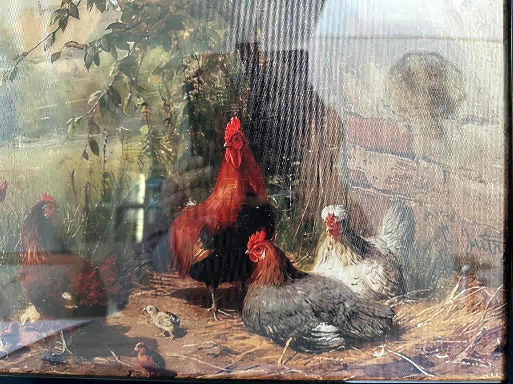 Schilderij Haan met 4 kippen en kuikens, Huis en Inrichting, Woonaccessoires | Schilderijen, Tekeningen en Foto's, Ophalen of Verzenden