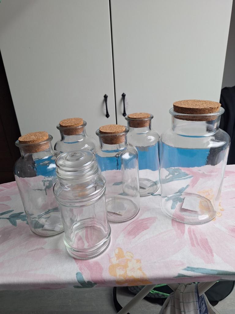 Set van 6 glazen potjes met kurken deksel, Ophalen of Verzenden, Gebruikt, Meerkleurig, Glas