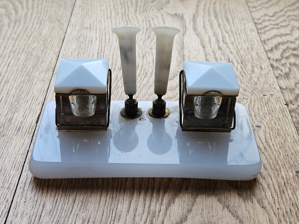 Vintage inktstel met dubbele inktpot en pennenhouders 1930, Antiek en Kunst, Ophalen of Verzenden