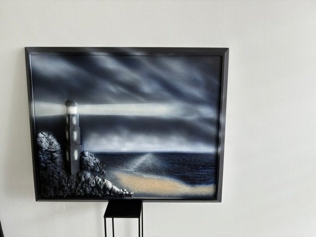 Mooi schilderij met vuurtoren. Op doek. Donkerblauw/zwart., Ophalen, Maritiem / water, Doek, Realistisch