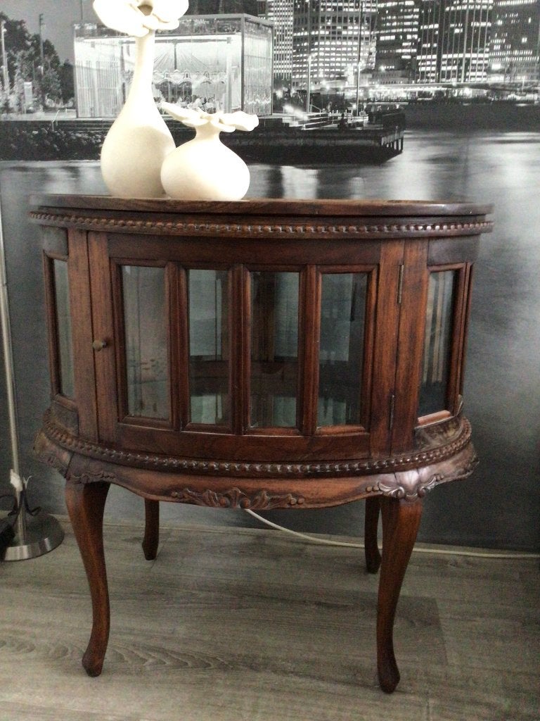Ovaal teakhouten theekastje, Ophalen, Glas, 50 tot 100 cm, Zo goed als nieuw