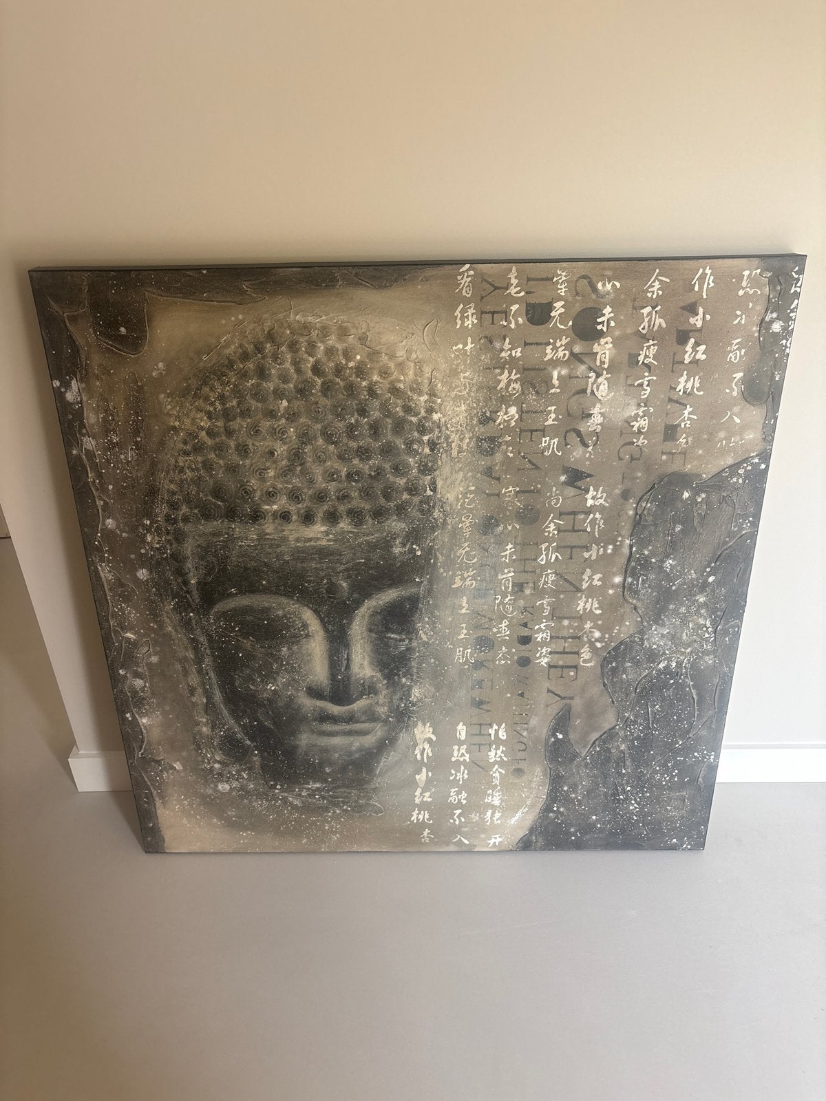 Boeddha Hoofd Schilderij met Aziatische Tekens, Ophalen, Met textuur, Textiel, Figuren