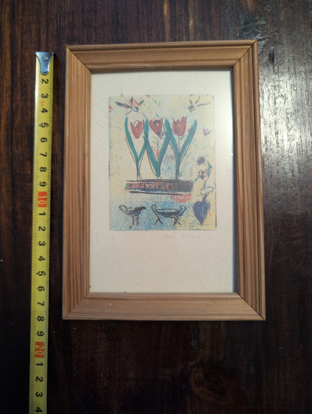 Kleine ingelijste ets met tulpen en hart, Antiek en Kunst, Flora en Fauna, 1950 - 1999, Ets, Gesigneerd