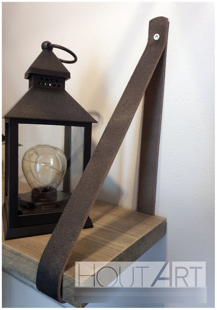 Wandplank met leren banden (diverse kleuren) in steigerhout!, Info@hout-art.nl, Nieuw, Ophalen of Verzenden, Hoeves 3 in Schijndel