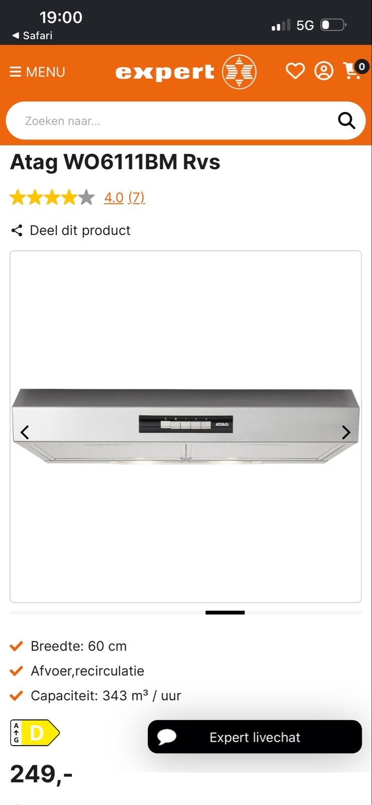 Atag WO6111BM Rvs Onderbouw Afzuigkap - Nieuw in doos, Witgoed en Apparatuur, Afzuigkappen, Ophalen, Onderbouw afzuigkap, Nieuw