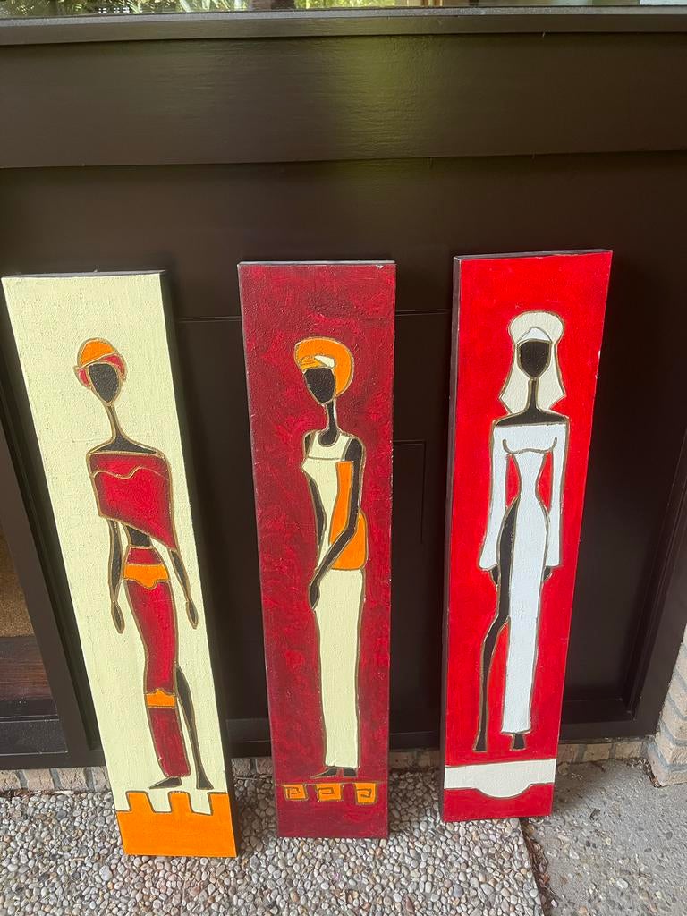 3 Canvas Schilderijen Afrikaanse Vrouwen 100x20x3,5 cm, Ophalen of Verzenden