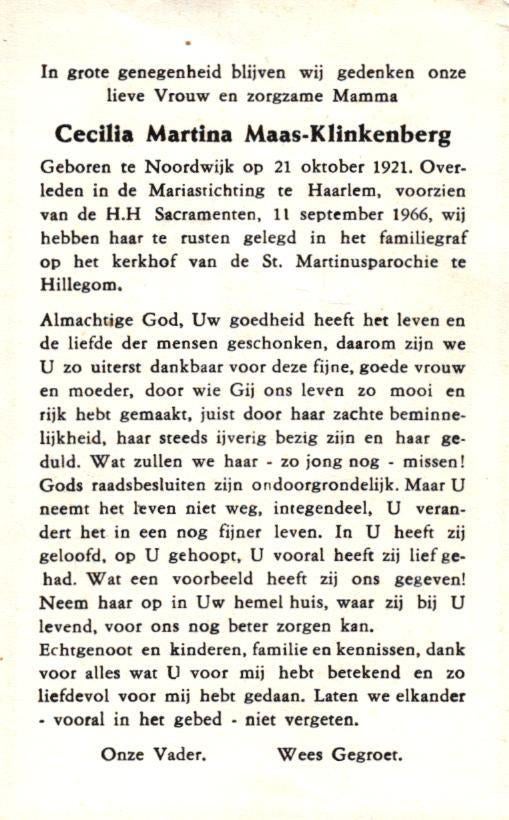 Klinkenberg Cecilia Martina Noordwijk 1921-1966 Hillegom, Ophalen of Verzenden