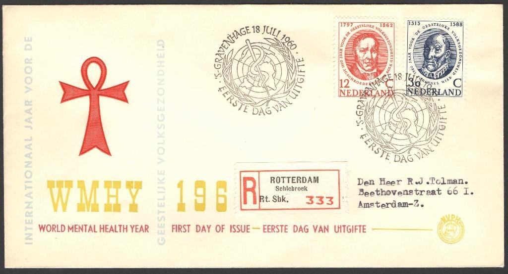 Nederland FDC E44 Met Adres, Psychologie 1960, Ophalen of Verzenden, Beschreven, Nederland
