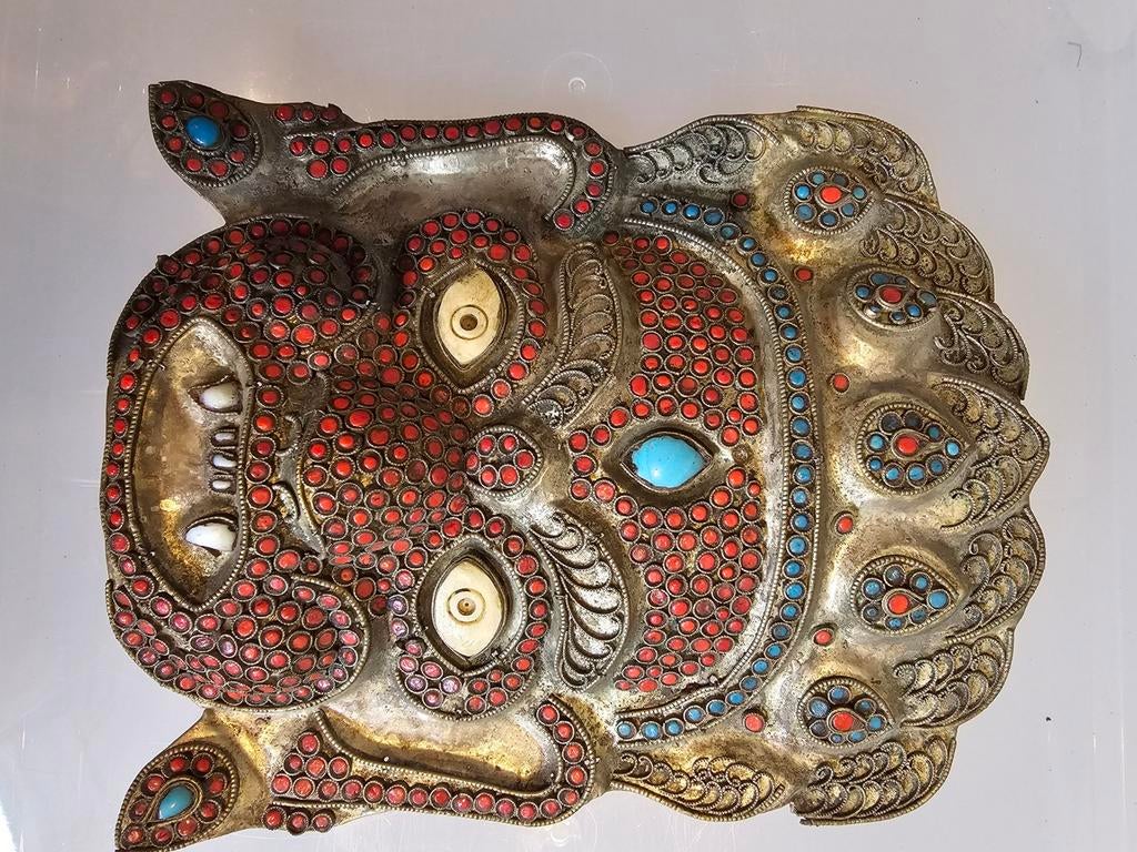 Tibetaans Mahakala masker met koraal en turkoois inleg, Ophalen of Verzenden