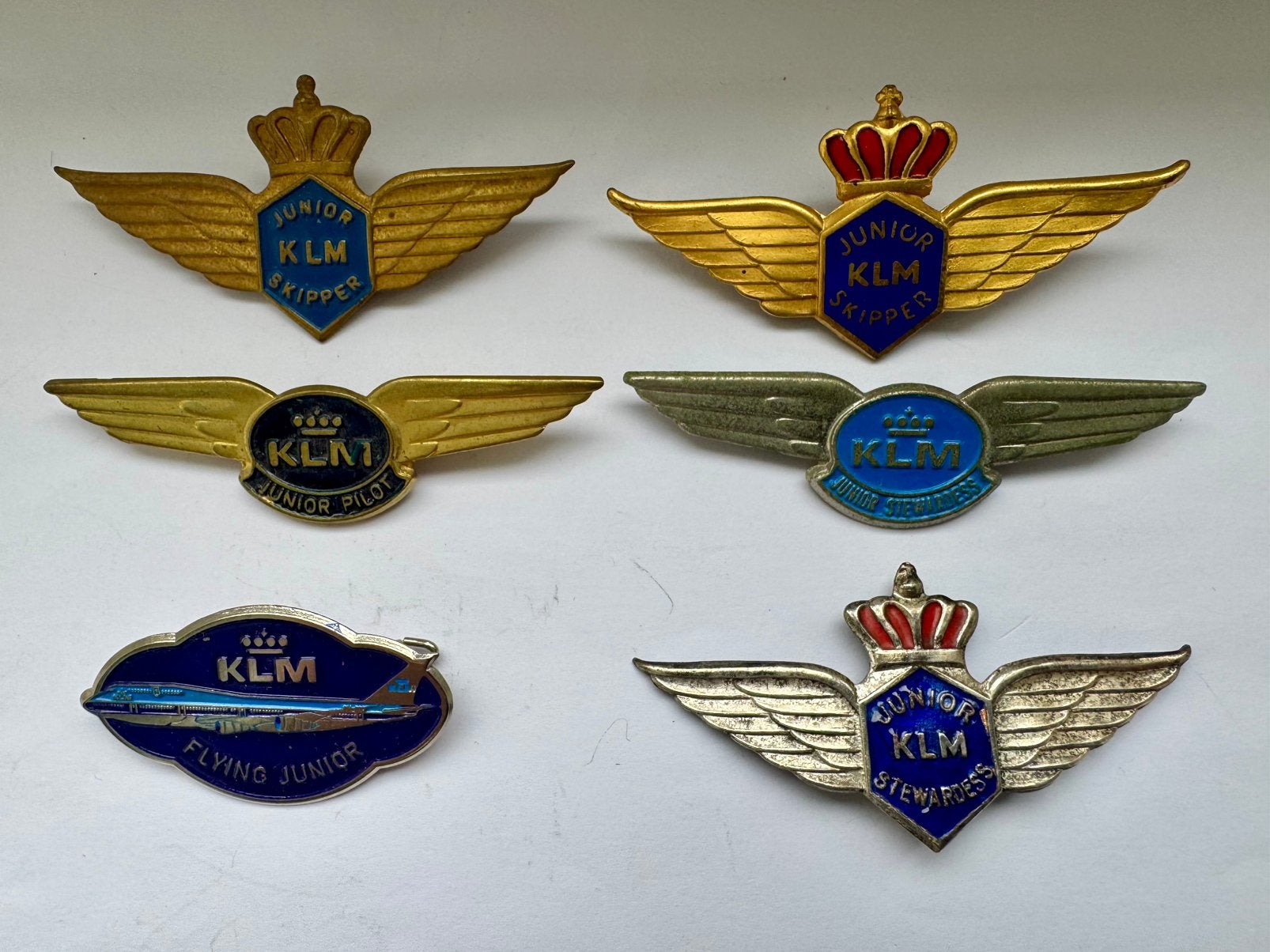 6 Broches Flight Wings KLM Junior Pilot Stewardess Skipper, Ophalen of Verzenden, Zo goed als nieuw, Transport, Speldje of Pin