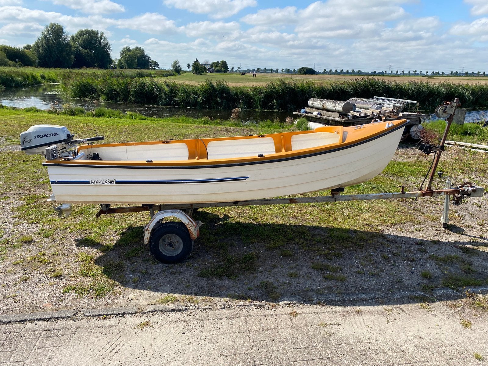Bootje incl. Trailer, 5pk honda motor (zie advertentie), Ophalen, Gebruikt, 4 m, 5 pk