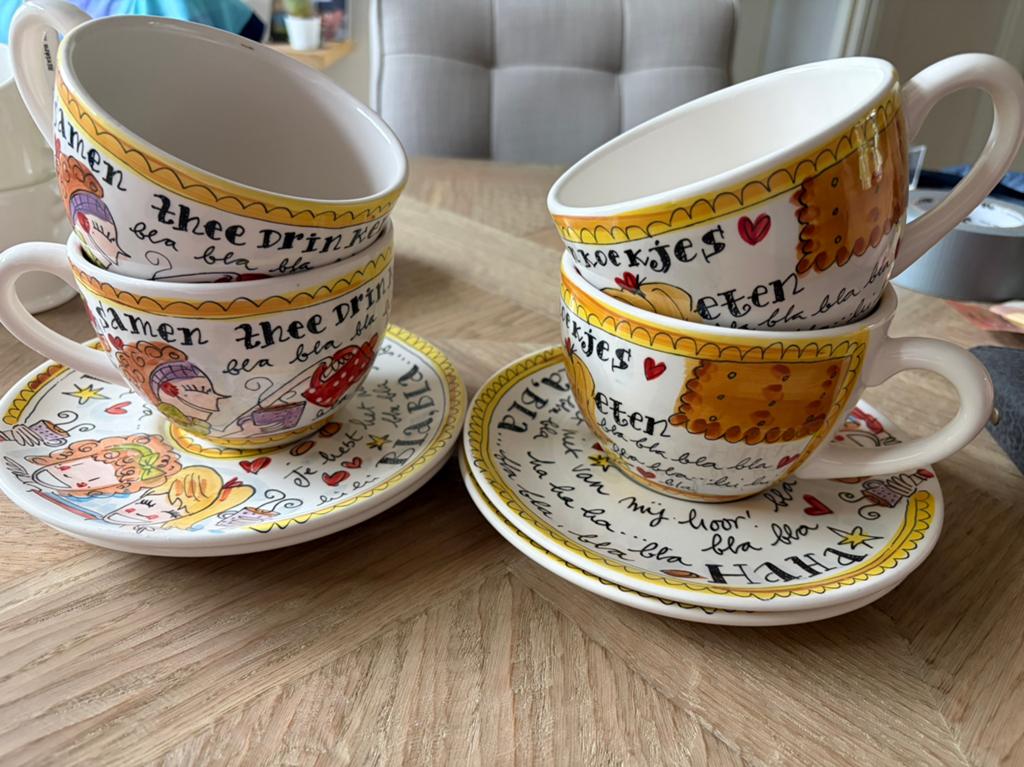 4x Blond Amsterdam brede grote mokken bla bla met schotels, Ophalen, Blond Amsterdam, Nieuw, Kop(pen) en/of Schotel(s)
