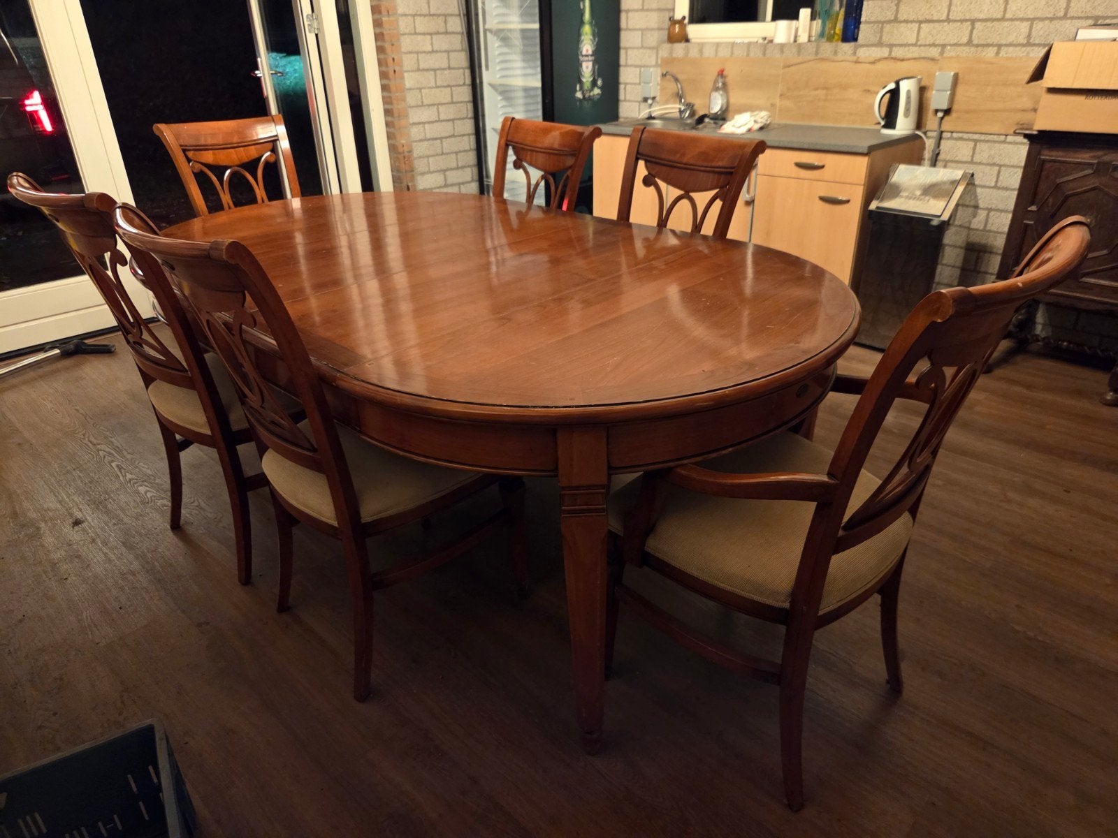 eetkamer tafel met 6 stoelen kersenhout, Ophalen of Verzenden, Gebruikt, 4 tot 6 stoelen